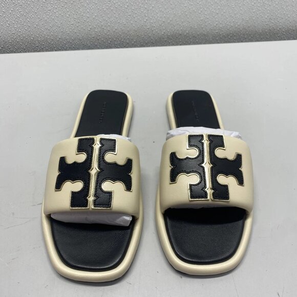 NEW TORY BURCH Women's Double T Sport Slide Sandal – Cream/Black/Gold – Size 7.5 - Picture 2 of 10